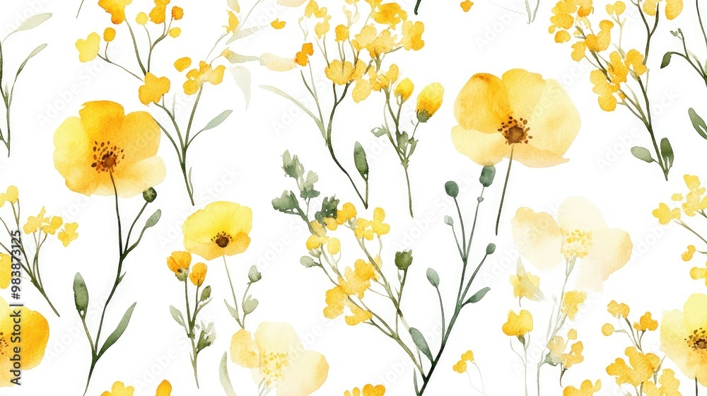 Seamless watercolor pattern featuring yellow wildflowers Seamless watercolor pattern featuring yellow wildflowers