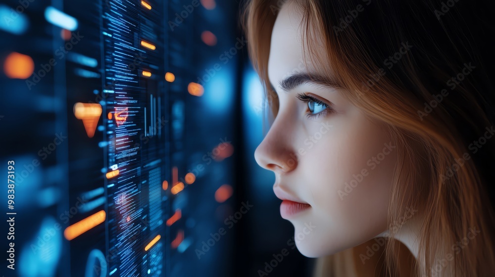 Profile of a woman analyzing digital data on a screen, deep in thought. Profile of a woman analyzing digital data on a screen, deep in thought.