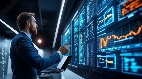 Wallpaper Mural Professional man analyzing data on multiple screens in a modern office environment. Torontodigital.ca