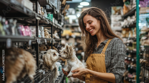 Pet store owner with a big smile, arranging products on shelves, surrounded by excited pets and their owners photo