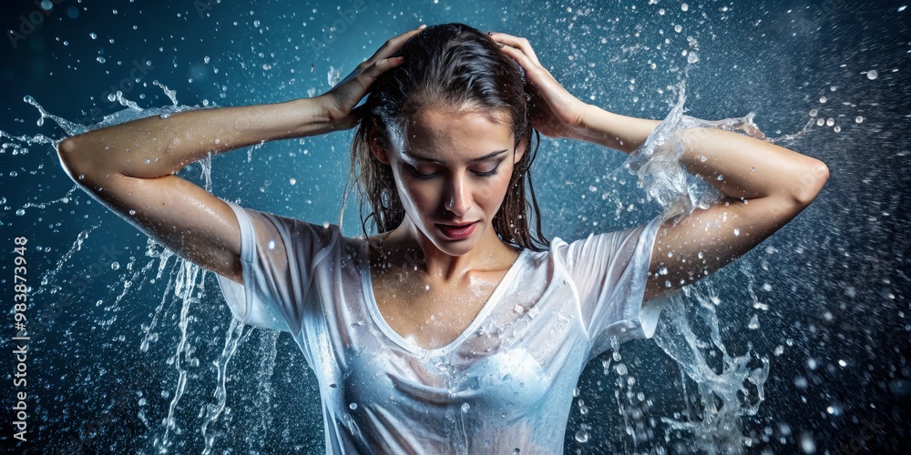 Obraz premium The young woman with her damp shirt shakes off excess water, allowing droplets to fall from her arms