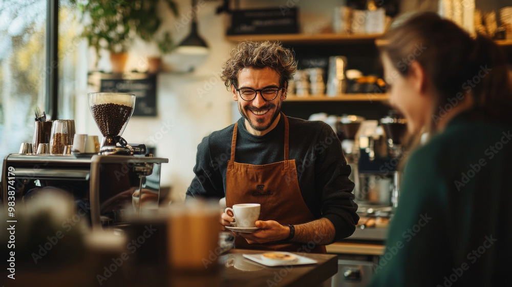 Smiling cafe owner behind the counter, preparing a fresh coffee with care, while customers enjoy the cozy atmosphere Smiling cafe owner behind the counter, preparing a fresh coffee with care, while customers enjoy the cozy atmosphere