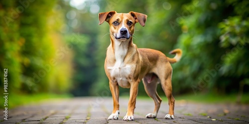 This charming mixed breed dog boasts a distinctive square head, powerful physique, and short legs that move with photo