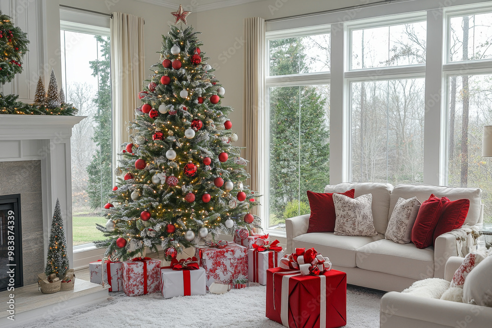 Christmas Living Room Decor Tree with Red and White Baubles and Lights Christmas Living Room Decor Tree with Red and White Baubles and Lights
