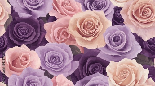 Floral seamless pattern featuring purple pink and beige roses photo