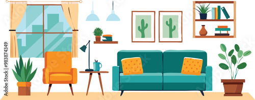 Modern Interior Design with Sofa Set Flat Vector Isolated