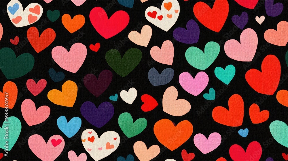 Fototapeta premium Pattern and design featuring colorful hearts against a black backdrop