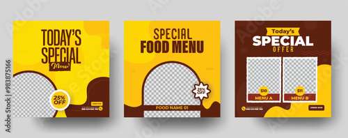 Set of fast food editable Instagram social media post templates. food square banner design template. yellow background color promotional post template design