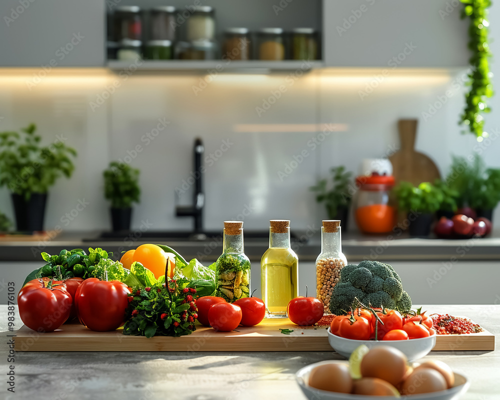 A vibrant kitchen scene featuring fresh vegetables, herbs, oils, and eggs, highlighting healthy cooking and natural ingredients. A vibrant kitchen scene featuring fresh vegetables, herbs, oils, and eggs, highlighting healthy cooking and natural ingredients.