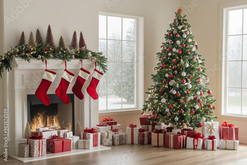 Festive Living Room Scene with Christmas Tree and Red and White Baubles