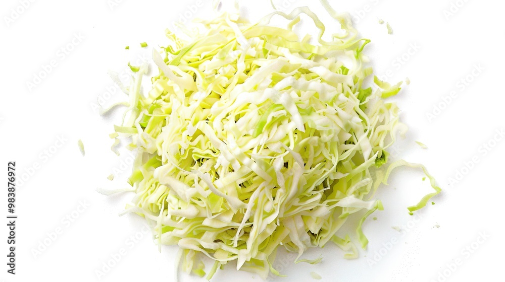 Top view of a shredded cabbage pile centered on a white background, showcasing the fine texture of the cut pieces. Top view of a shredded cabbage pile centered on a white background, showcasing the fine texture of the cut pieces.