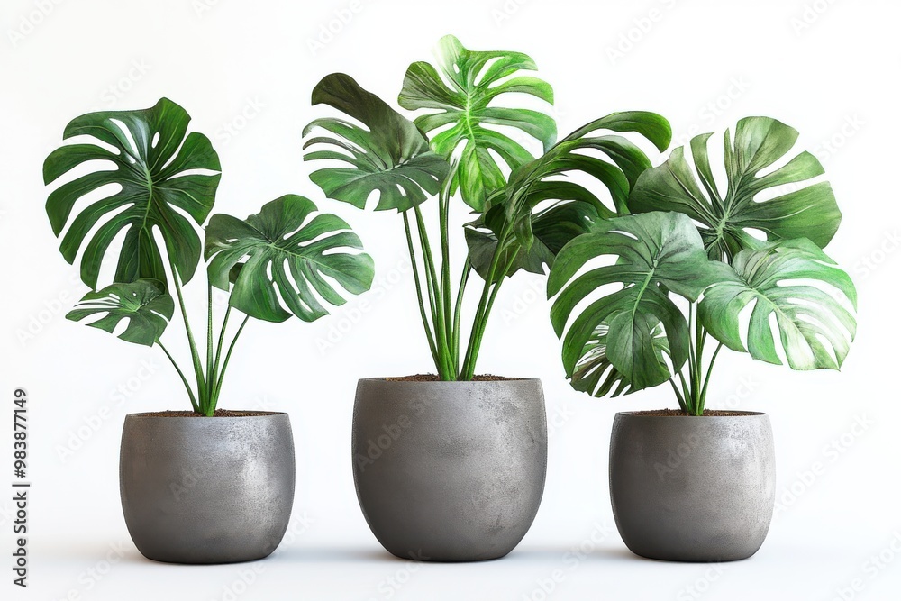 A picture with three large potted plants. Each plant has big green leaves and is placed A picture with three large potted plants. Each plant has big green leaves and is placed