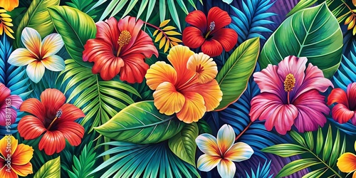Wallpaper Mural Vibrant hibiscuses and palm leaves blend together in a bold Hawaiian-inspired print, evoking the warmth and beauty of Torontodigital.ca