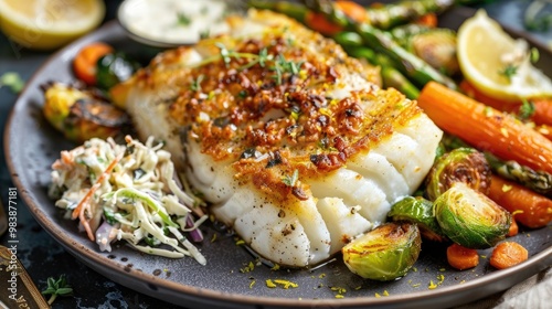 Flaky baked cod with roasted Brussels sprouts, lemon wedges, tartar sauce, coleslaw, roasted red potatoes, roasted asparagus, roasted zucchini, and a side of roasted carrots