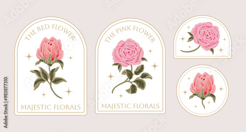 Vintage hand drawn botanical flower logo and label set with rose, daisy, gerbera, peony florals, greeneries illustration, line art frame for decoration, shop branding, beauty and feminine products