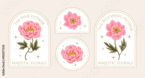 Vintage hand drawn botanical flower logo and label set with rose, daisy, gerbera, peony florals, greeneries illustration, line art frame for decoration, shop branding, beauty and feminine products