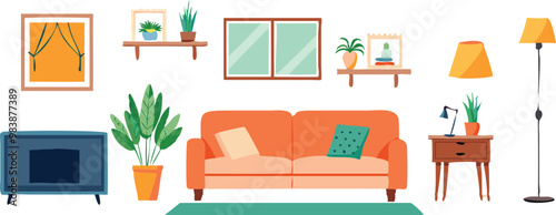 Modern Interior Design with Sofa Set Flat Vector Isolated