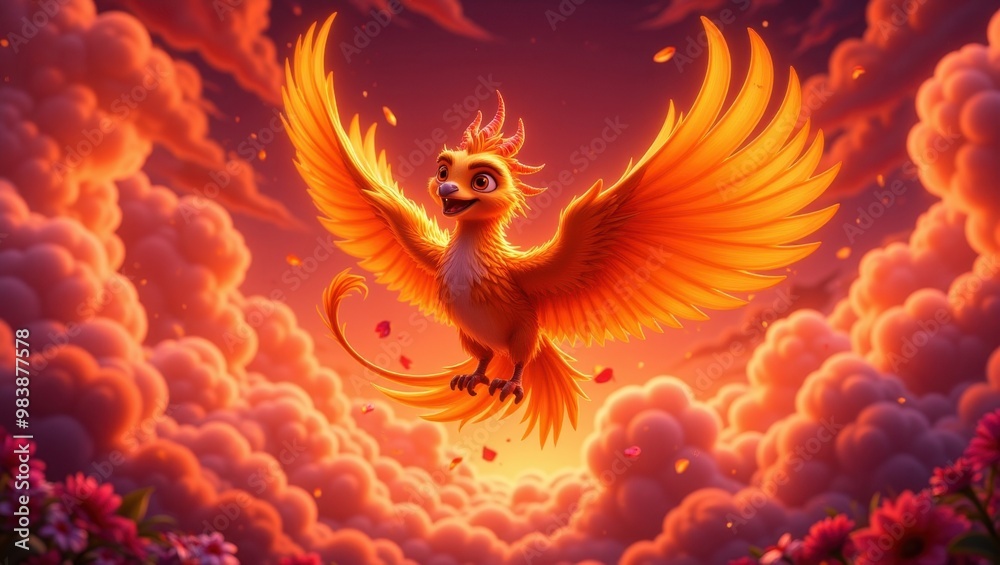 Obraz premium A cartoon phoenix with golden feathers soars through a fiery sunset sky.