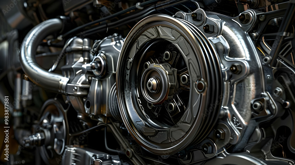 A Detailed Close-Up of a Shiny Metal Engine, Capturing the Intricate Gears and Precise Engineering of the Machine. A Detailed Close-Up of a Shiny Metal Engine, Capturing the Intricate Gears and Precise Engineering of the Machine.