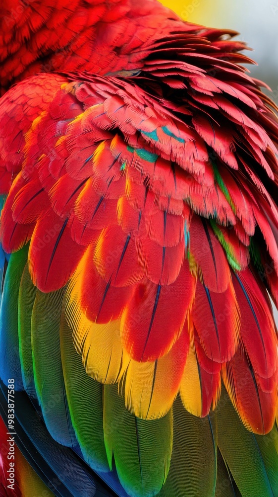 Obraz premium Close-up of vibrant parrot feathers with red, yellow, green, and blue colors. Detailed bird plumage. Nature and wildlife concept for posters and wallpapers