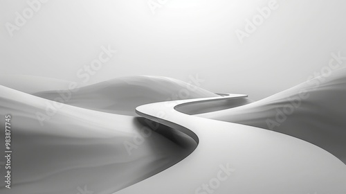 Minimalist 3D render of a long winding road on gray background, showcasing a sleek and modern perspective of travel and journey.