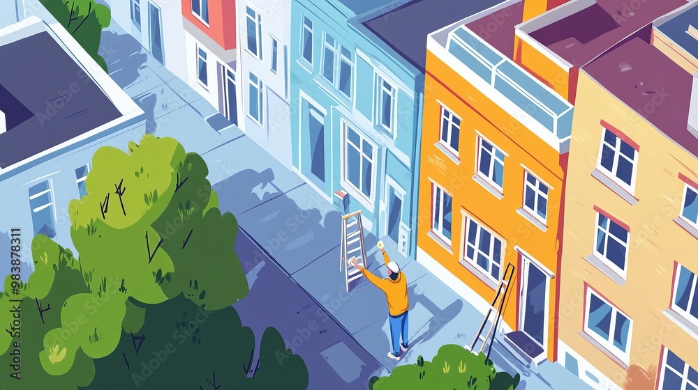 Colorful Urban Scene with Person and Ladder Colorful Urban Scene with Person and Ladder