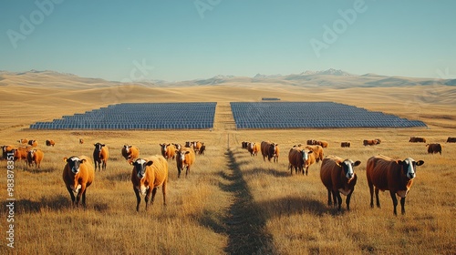 Cows grazing near solar panels in a vast landscape. photo