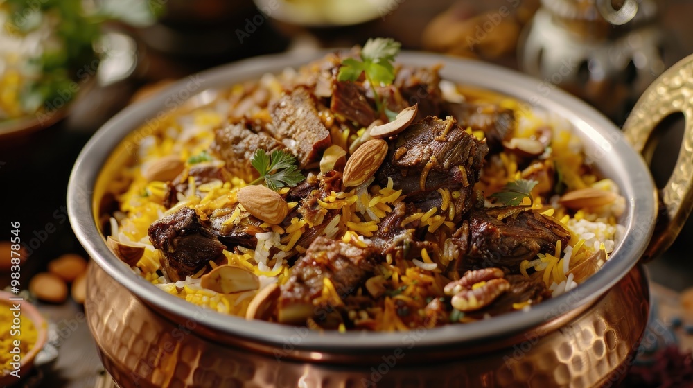 Fragrant saffron rice layered with tender lamb and garnished with toasted nuts, served in a traditional copper pot. A royal feast captured in Indian cuisine. Fragrant saffron rice layered with tender lamb and garnished with toasted nuts, served in a traditional copper pot. A royal feast captured in Indian cuisine.