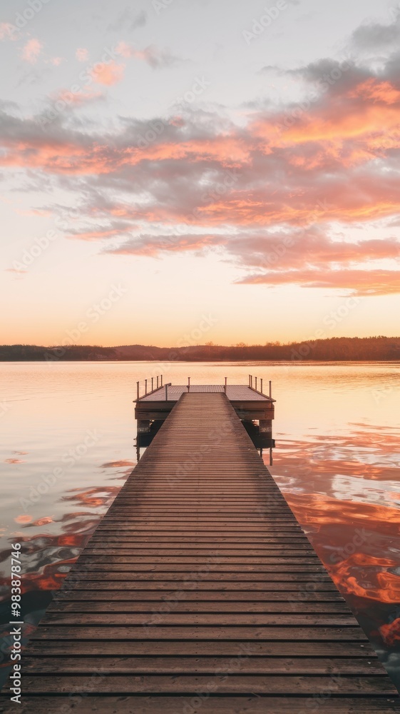 Fototapeta premium Wooden pier extending into calm water at sunset with colorful clouds reflecting on the lake. Tranquil landscape and nature concept. Design for posters, banners, and wallpapers