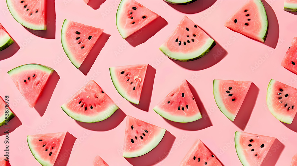 Watermelon Slices Arranged in a Pattern on a Pink Background, Creating a Vibrant and Refreshing Summery Visual