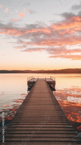 Wooden pier extending into calm water at sunset with colorful clouds reflecting on the lake. Tranquil landscape and nature concept. Design for posters  banners  and wallpapers