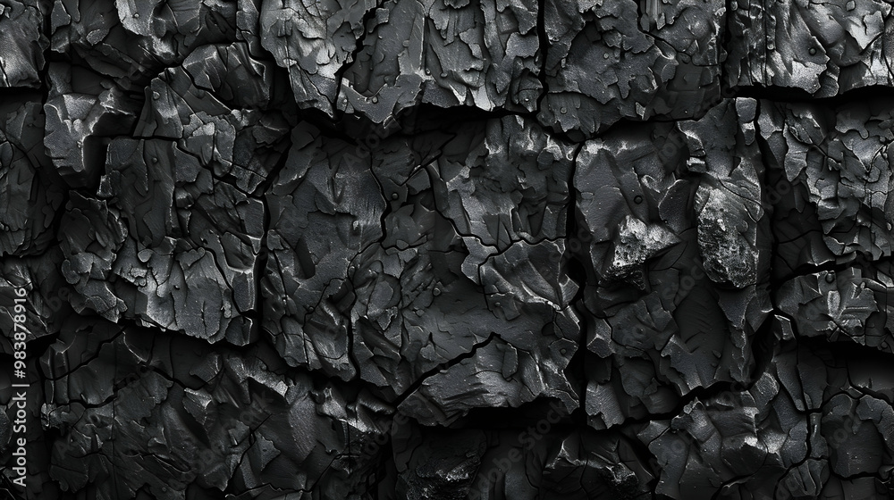 A Close-Up View of Cracked Black Rock Surface, Showing Textured and Detailed Texture, Perfect for Backgrounds or Designs