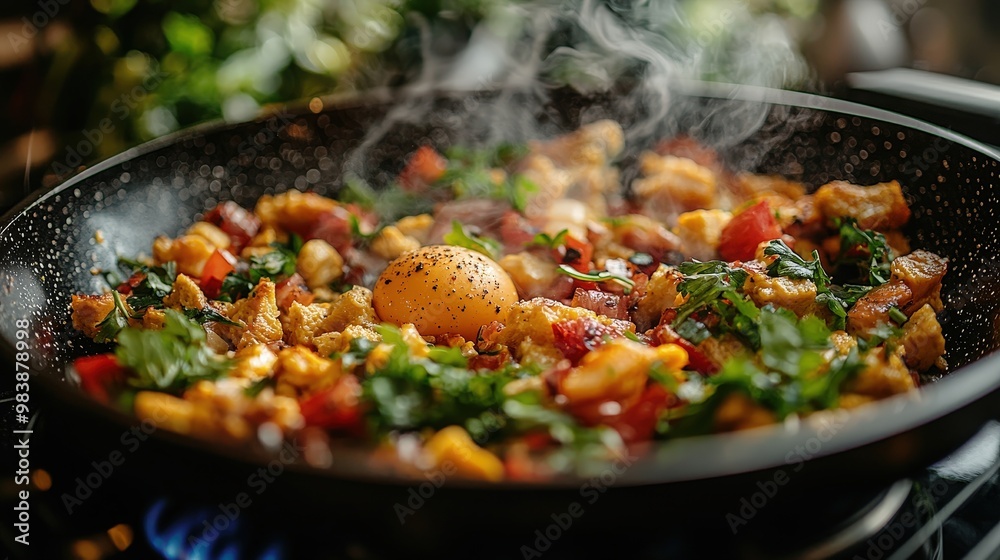 Closeup of Delicious Fried Eggs with Peppers and Greens in a Pan Closeup of Delicious Fried Eggs with Peppers and Greens in a Pan