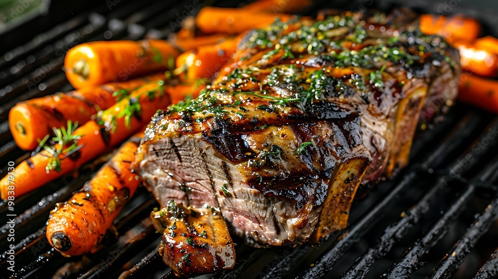 Roasted lamb leg on the grill along with carrots