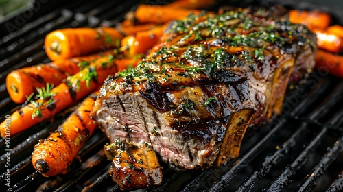 Obraz na płótnie Roasted lamb leg on the grill along with carrots w salonie