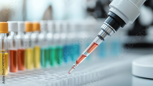 Closeup of advanced pipetting robots handling genetic samples in a biotechnology lab photo