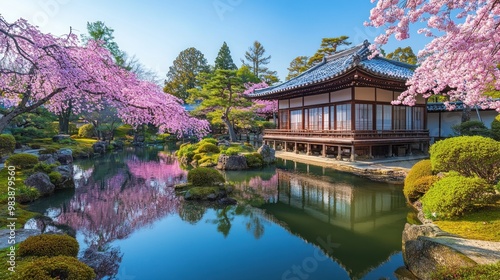 Japanese Garden with Cherry Blossoms and Traditional House