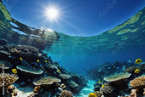 underwater sea - deep abyss with blue sun light