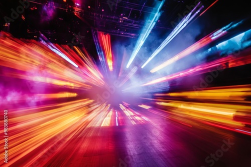 A concert stage with moving spotlights creating dynamic light trails against a black backdrop, vibrant colors, motion blur, highenergy atmosphere, modern setting