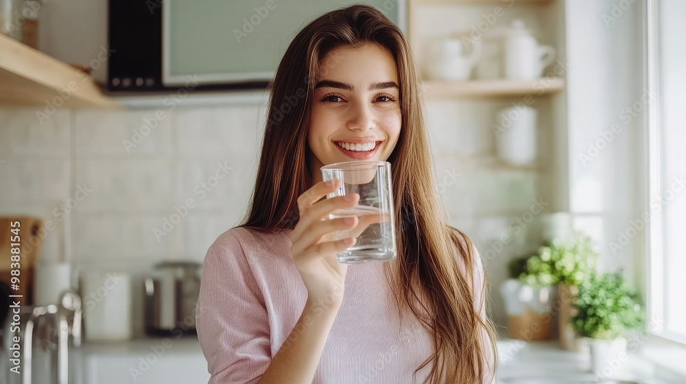 Healthy beautiful young woman holds a glass of water in kitchen, smiling young girl drinking fresh water from glass Healthy beautiful young woman holds a glass of water in kitchen, smiling young girl drinking fresh water from glass