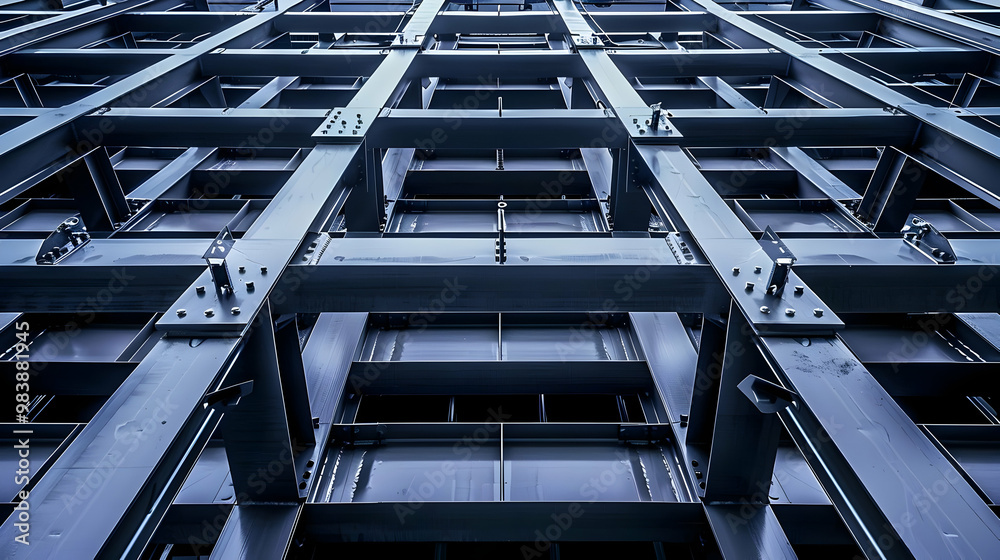 A Low Angle View of a Steel Structure with a Complex Grid of Beams and Supports, Demonstrating the Strength and Precision of Modern Construction A Low Angle View of a Steel Structure with a Complex Grid of Beams and Supports, Demonstrating the Strength and Precision of Modern Construction