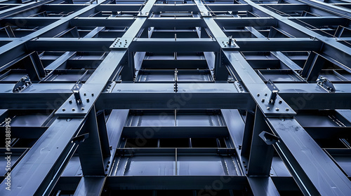 A Low Angle View of a Steel Structure with a Complex Grid of Beams and Supports, Demonstrating the Strength and Precision of Modern Construction