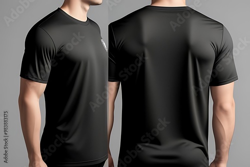 Blank black clean t-shirt mockup isolated in front and back views, 3D rendering on an empty gray background.