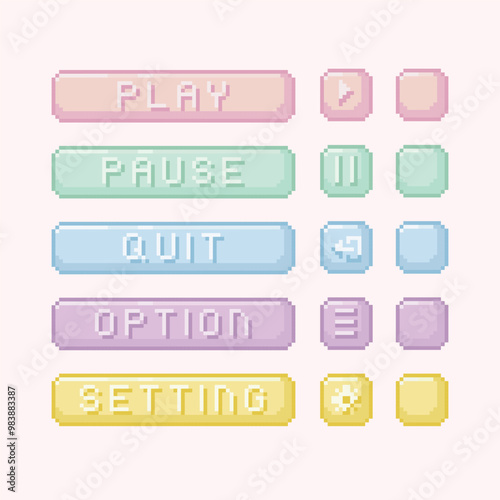Pastel interface menu bar button 8 bit pixel art collection set.  Computer game text and icon for play, pause, quit, setting, option. For game development, mobile app, social media post, video