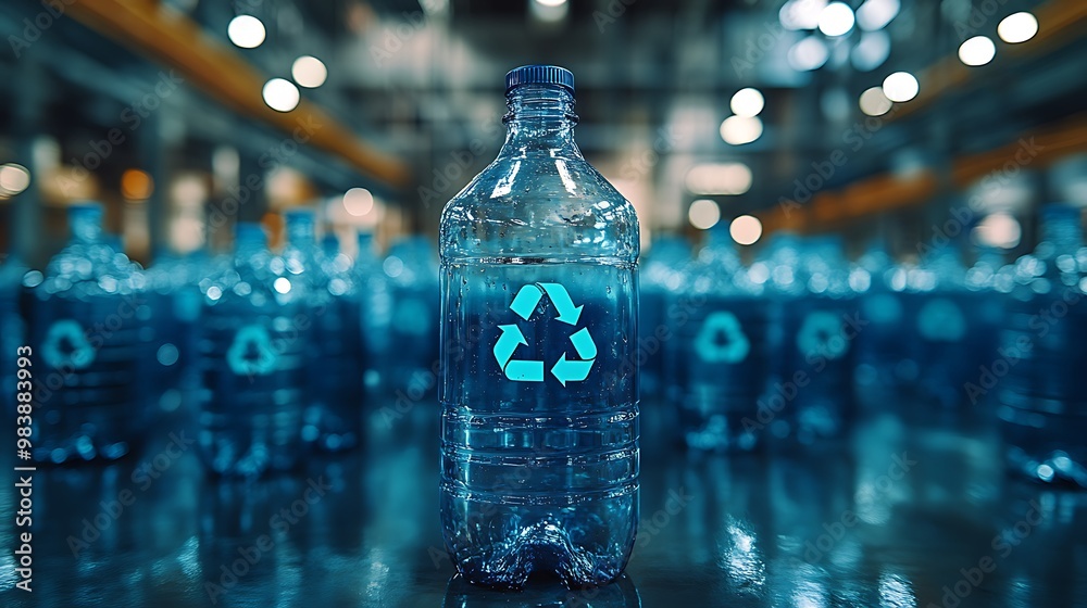 A clear glass bottle with a recycling symbol embossed on its side, standing in front of a group of other recyclable bottles. A clear glass bottle with a recycling symbol embossed on its side, standing in front of a group of other recyclable bottles.