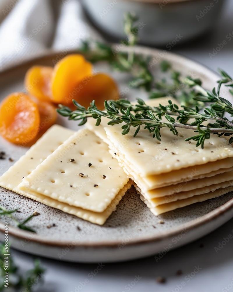A plate featuring crackers, dried apricots, and fresh thyme, ideal for a snack or appetizer.