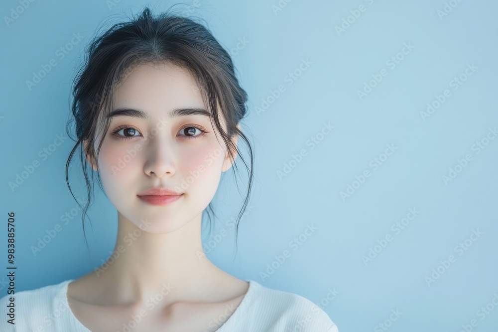 A young Japanese woman with her hair pulled back in a relaxed style poses against a simple, A young Japanese woman with her hair pulled back in a relaxed style poses against a simple,