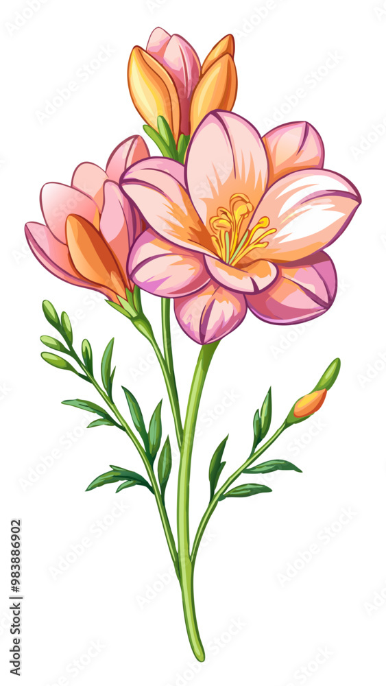 Fototapeta premium Vibrant Freesia Flower Illustration with Multicolored Petals in Pink, Yellow, and Orange - Ideal for Spring and Summer Floral Themes, Freesia Illustration, Freesia Flower vector Illustration