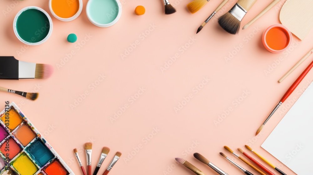 A variety of paints, brushes, canvases, palettes, and other artistic tools arranged on a table, ready for a painting session. A variety of paints, brushes, canvases, palettes, and other artistic tools arranged on a table, ready for a painting session.