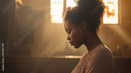 Young black woman praying in church